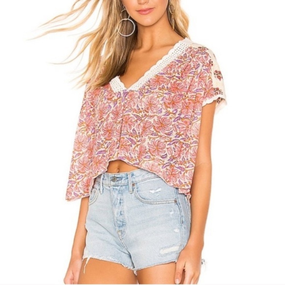 Free People crotchet leilani print v neck top